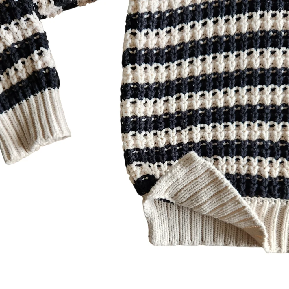 Free People At The Beach  Long Sleeve Cotton Pullover Sweater Ivory/Black Sz Med